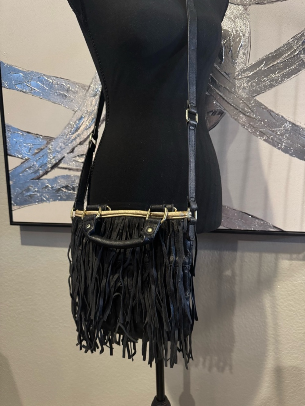 Fringe Crossbody Bag with Gold Accent - Black